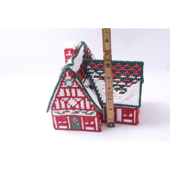 Platic Canvas Knitted Christmas House, 7 1/2" Tall, Red-White, Red Walls, - Picture 3 of 3